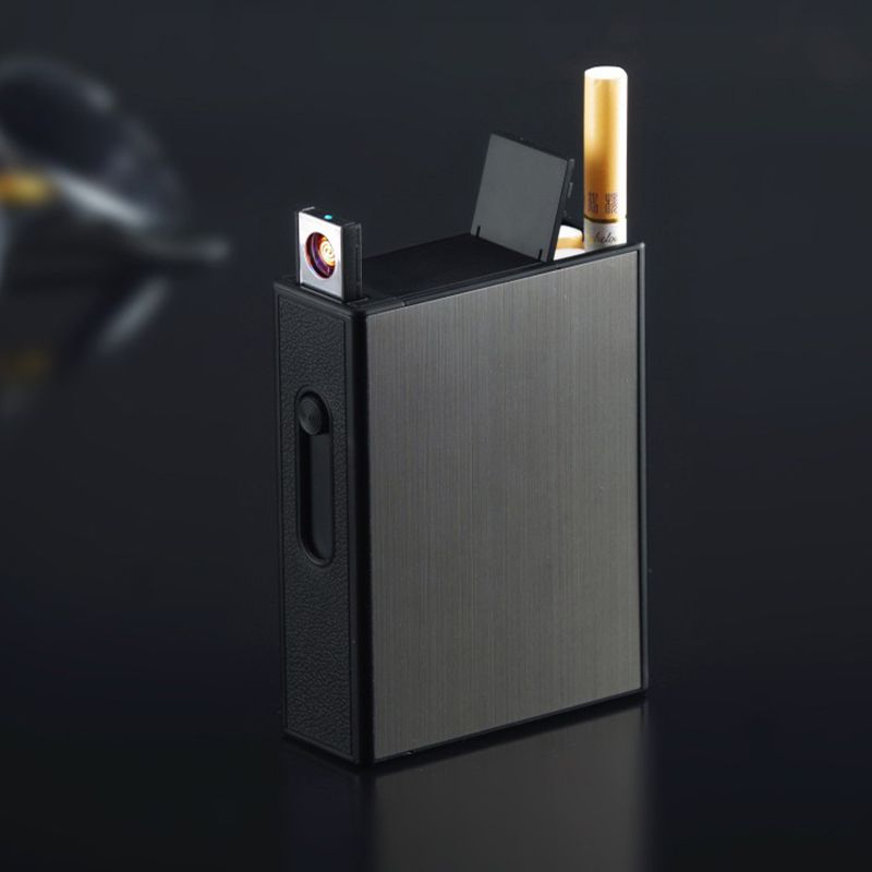 Metal Cigarette Case Full Pack 20 Regular Cigarettes Box with Flameless Windproof USB Rechargeable Electronic Lighter