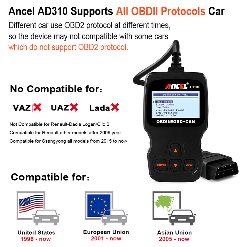Ancel AD310 OBD2 Scanner Car Engine Analyzer Tool OBD 2 OBDII Code Reader Auto Scanner Tool Automotive Diagnostic Tool for Car